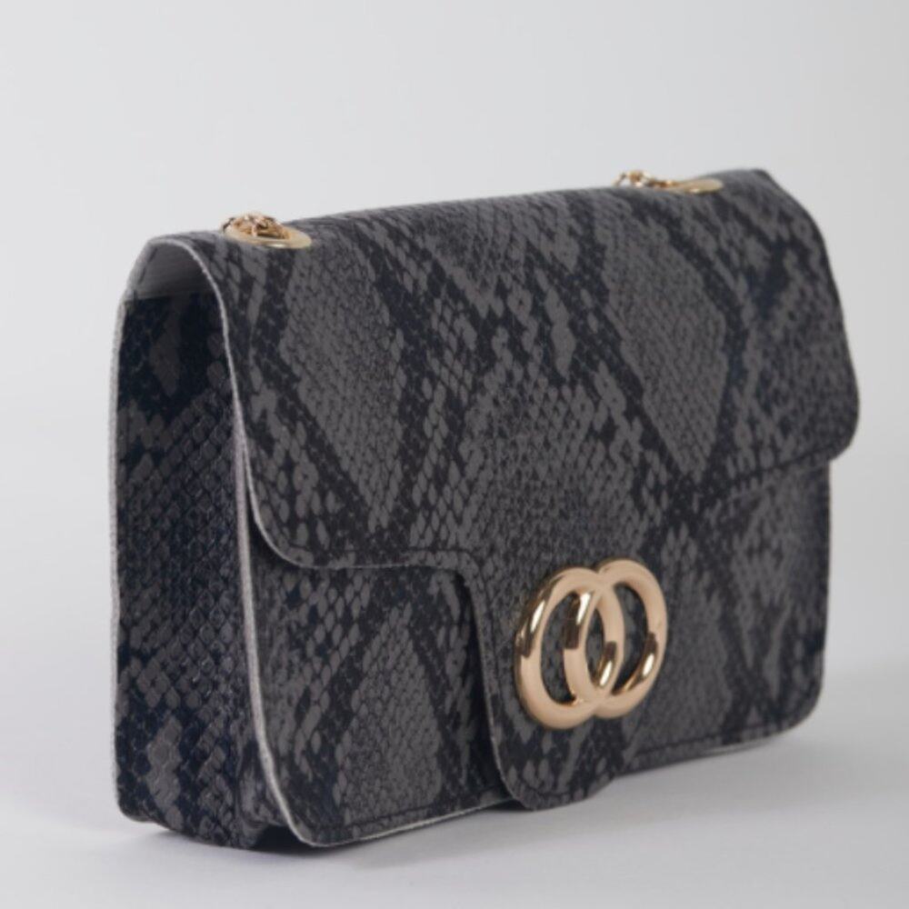 Gray Faux Snake Leather Metal Rings Gold Chain Crossbody Bag - Picture 3 of 14